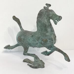 VTG Bronze Gansu Horse Success Sculpture Verdigris Patina Cast Swallow Bird Base